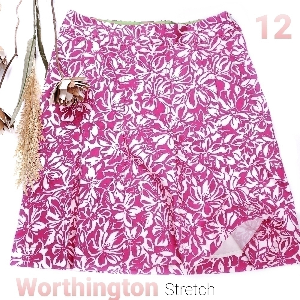 Worthington Stretch Pink White Floral Skirt Sz 12